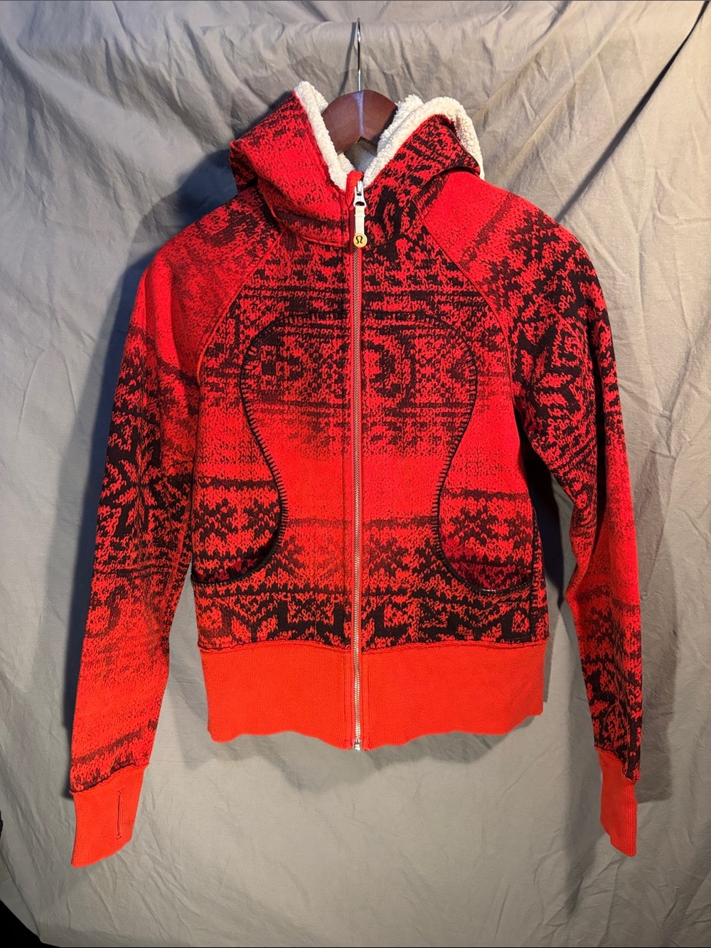 lululemon athletica Red and Black Patterned Hooded Zip Sweater